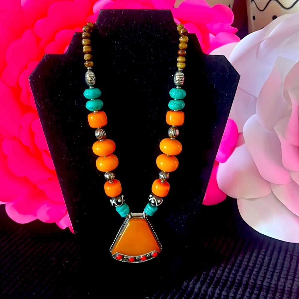 Aventurine stone with silver beads, turquoise and Tiger Eye Stone Necklace